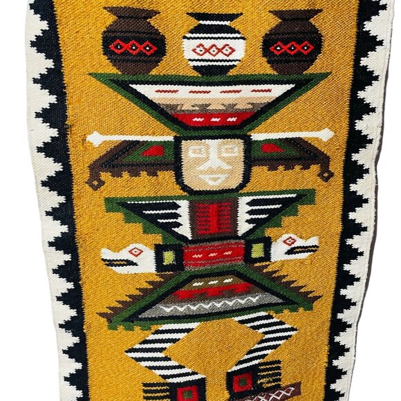 Vintage Aztec Mayan Rug Wall Hanging Mexico South American Warrior Tapestry u - Picture 1 of 3